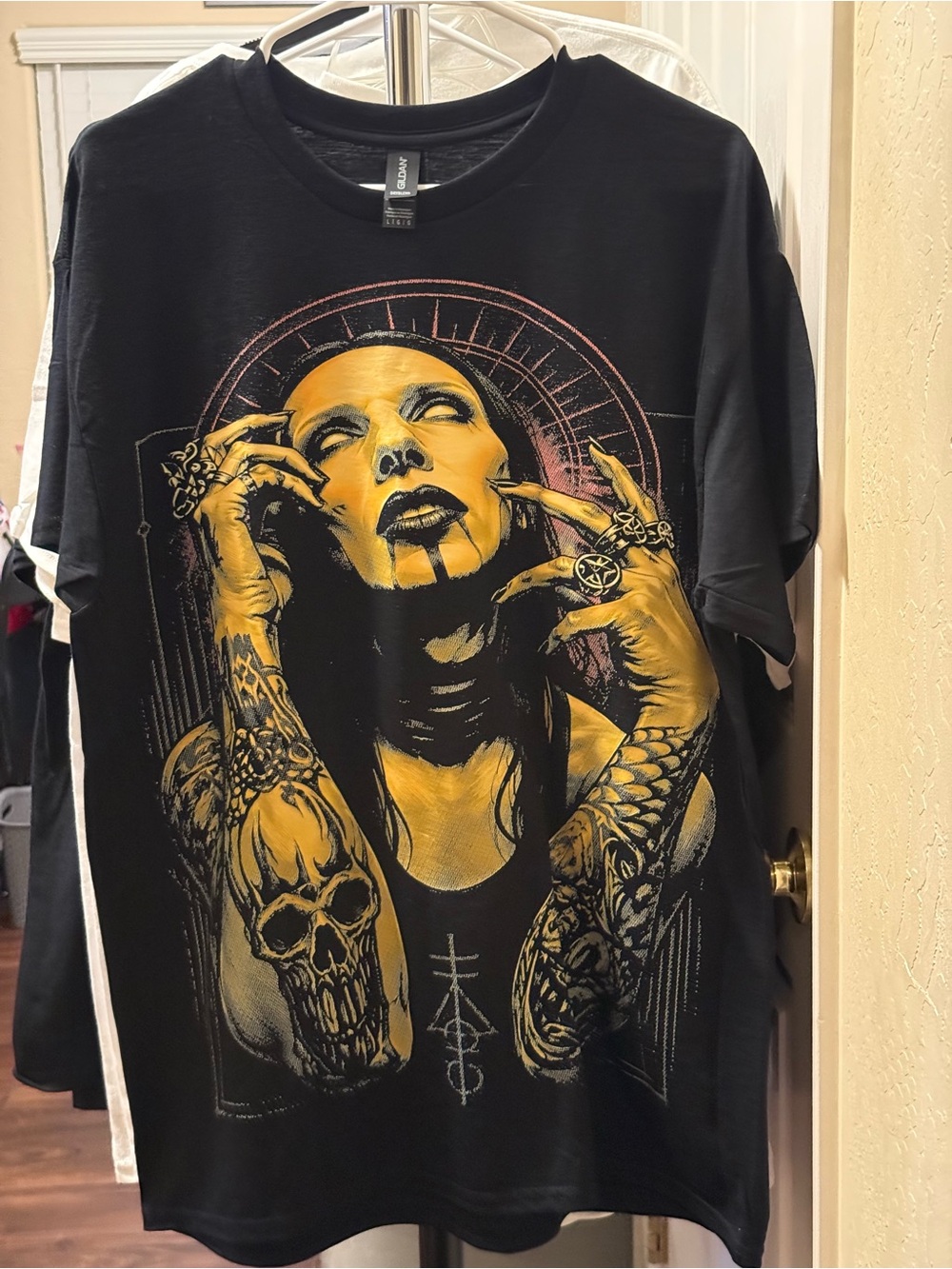 New Marilyn Manson Black Tee with Gold-Yellow Gothic Portrait Graphic